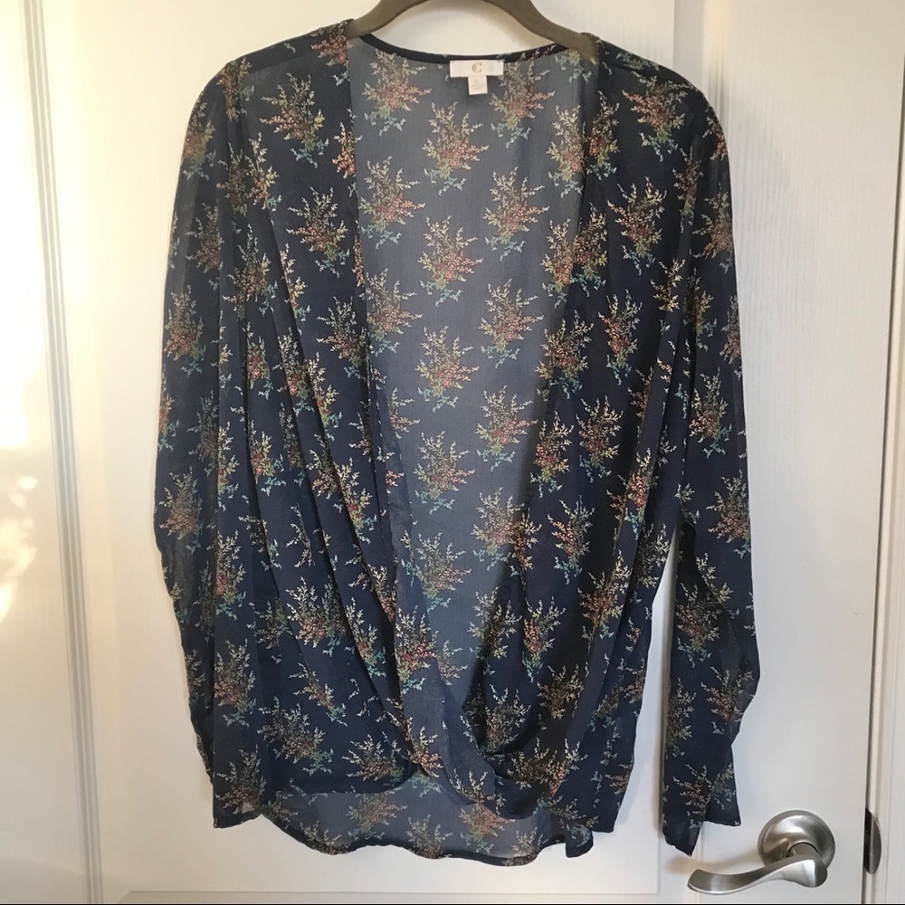 C Sheer Navy Floral Twist Front Blouse Large